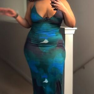 Green & Blue Two Piece Set Cami Tank with Fitted Long Skirt